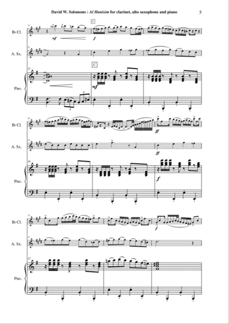 David Warin Solomons: Al Hanisim : A Chanukkah Celebration for Bb clarinet, alto saxophone and piano Woodwind Duet scores gallery preview page 5