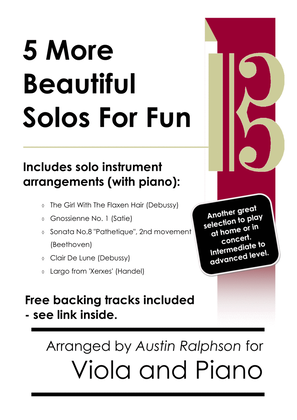 Book cover for 5 More Beautiful Viola Solos for Fun - with FREE BACKING TRACKS & piano accompaniment to play along