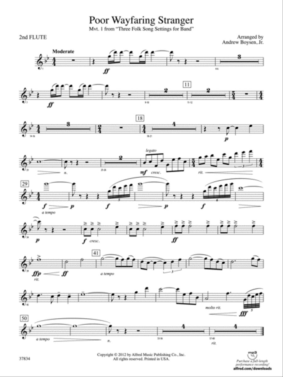 Poor Wayfaring Stranger: 2nd Flute Concert Band scores gallery preview page 1