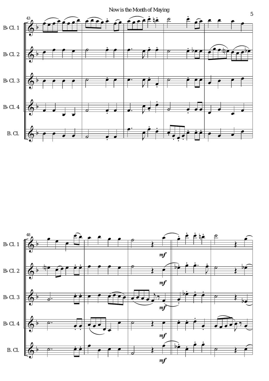 Now is the Month of Maying with variations for clarinet quintet (4 B flats, 1 Bass) Clarinet Quintet scores gallery preview page 5