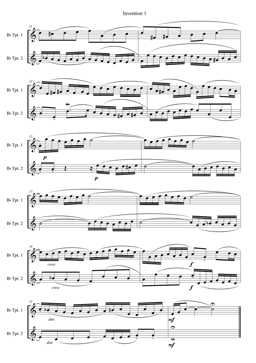 Trumpet duets. Five Bach keyboard Inventions for 2 Trumpets. Trumpet Duet scores gallery preview page 4
