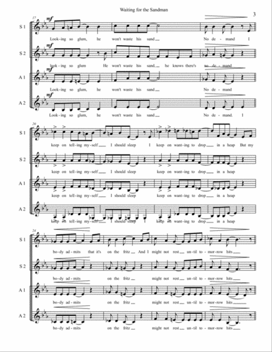 Waiting for the Sandman (SSAA, a cappella) - original jazz song by Sarah and Gil Jaysmith SSAA scores gallery preview page 3