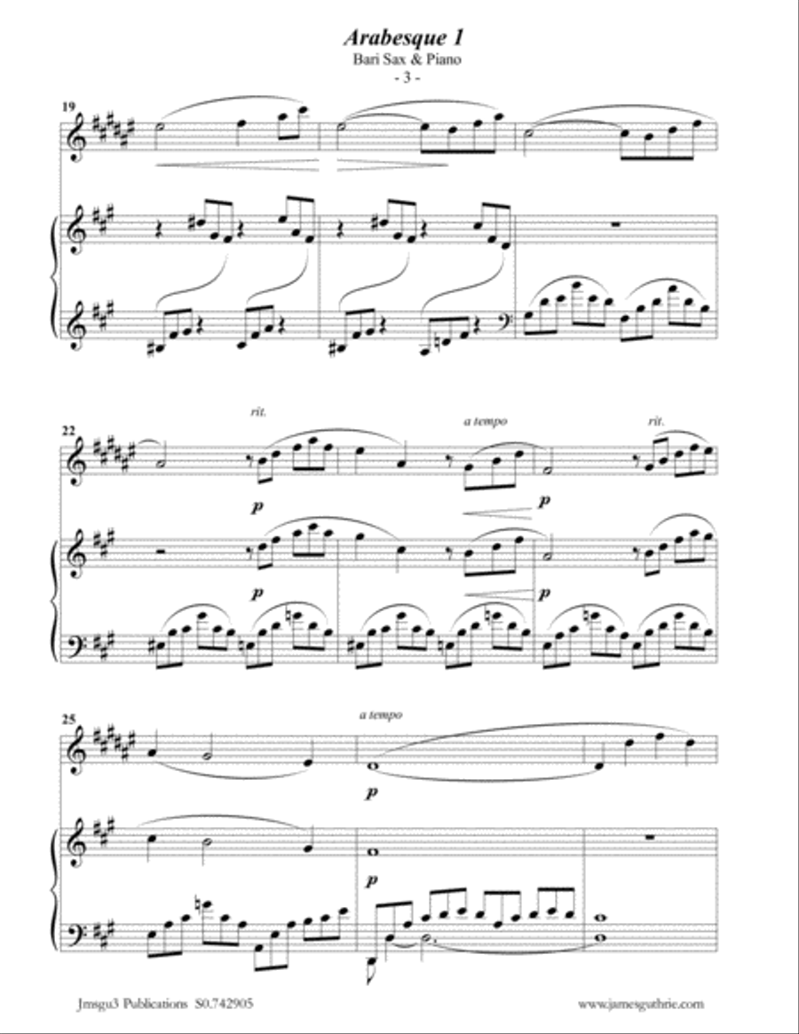 Debussy: Two Arabesques for Baritone Sax & Piano Baritone Saxophone scores gallery preview page 3