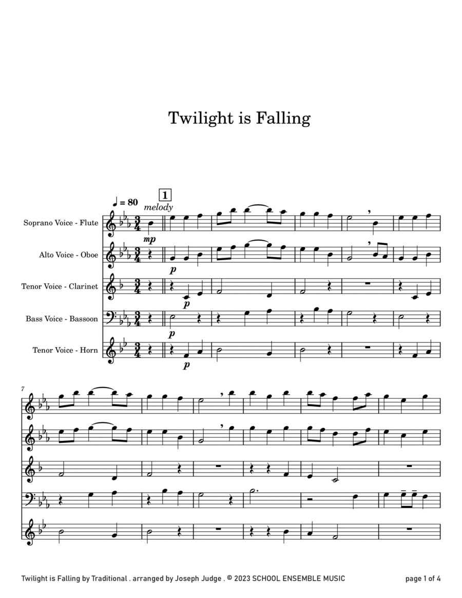 Twilight Is Falling for Woodwind Quartet in Schools Woodwind Quartet scores gallery preview page 1