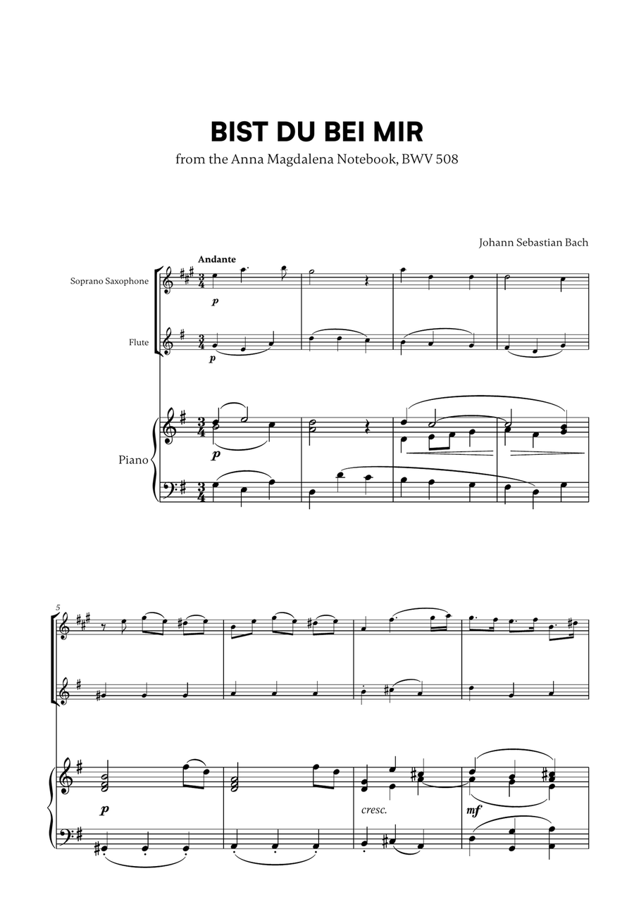 Johann Sebastian Bach - Bist du bei Mir (BWV 508) (G major) (for Soprano Saxophone and Flute)