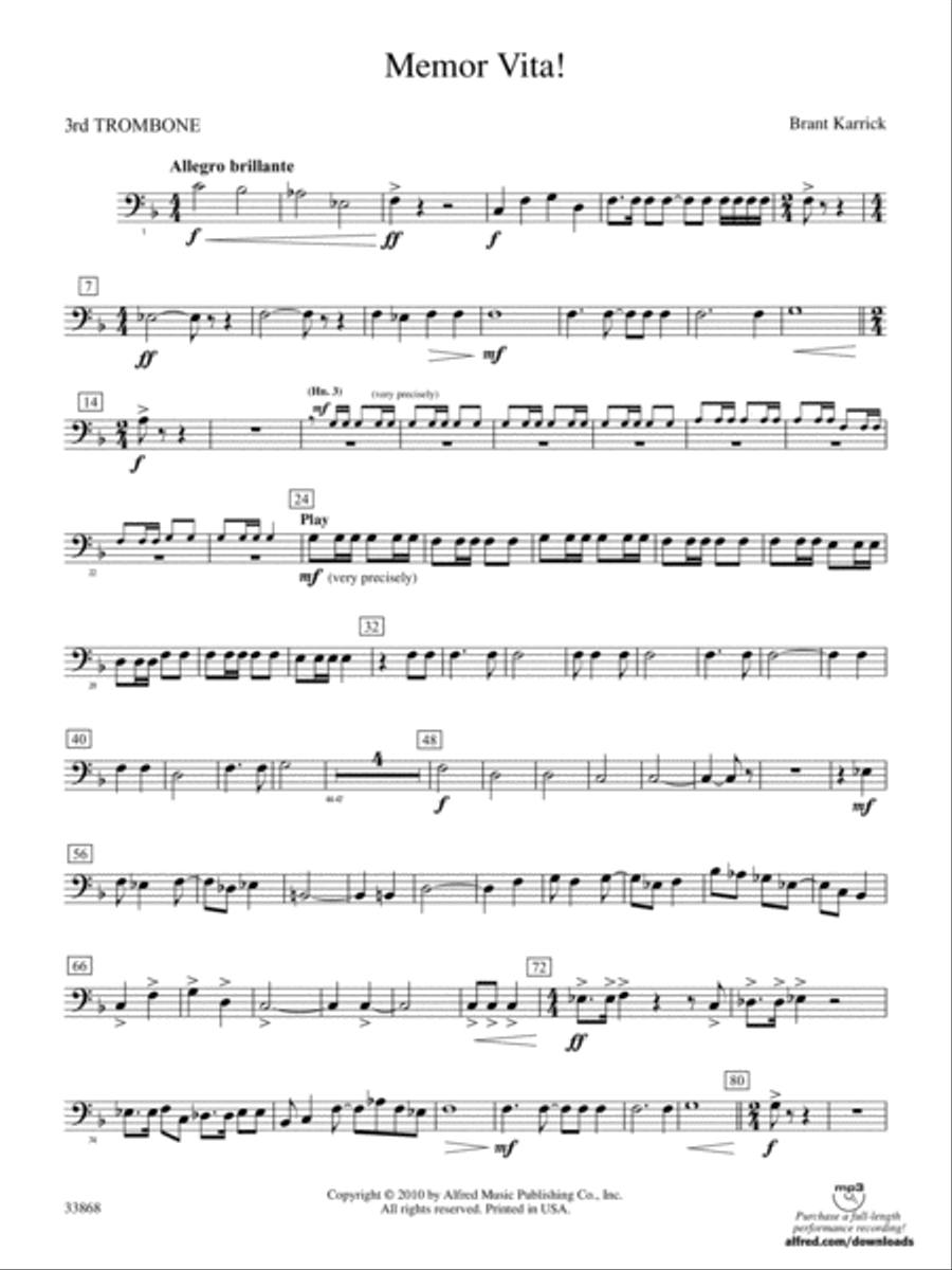 Memor Vita!: 3rd Trombone Concert Band scores gallery preview page 1