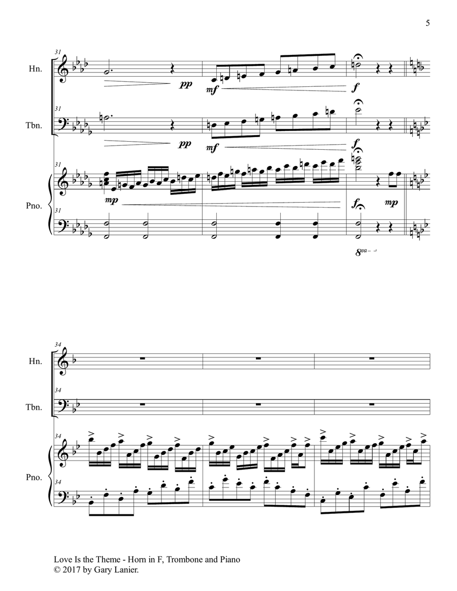 LOVE IS THE THEME (Trio – Horn in F, Trombone & Piano with Score/Parts) Brass Duet scores gallery preview page 6