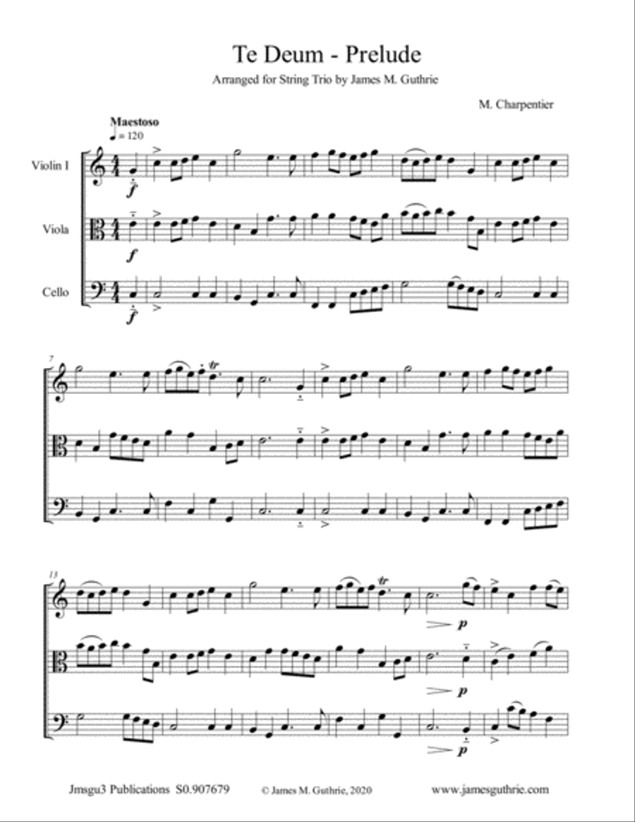 Charpentier: Te Deum Prelude for String Trio String Trio scores gallery preview page 1
