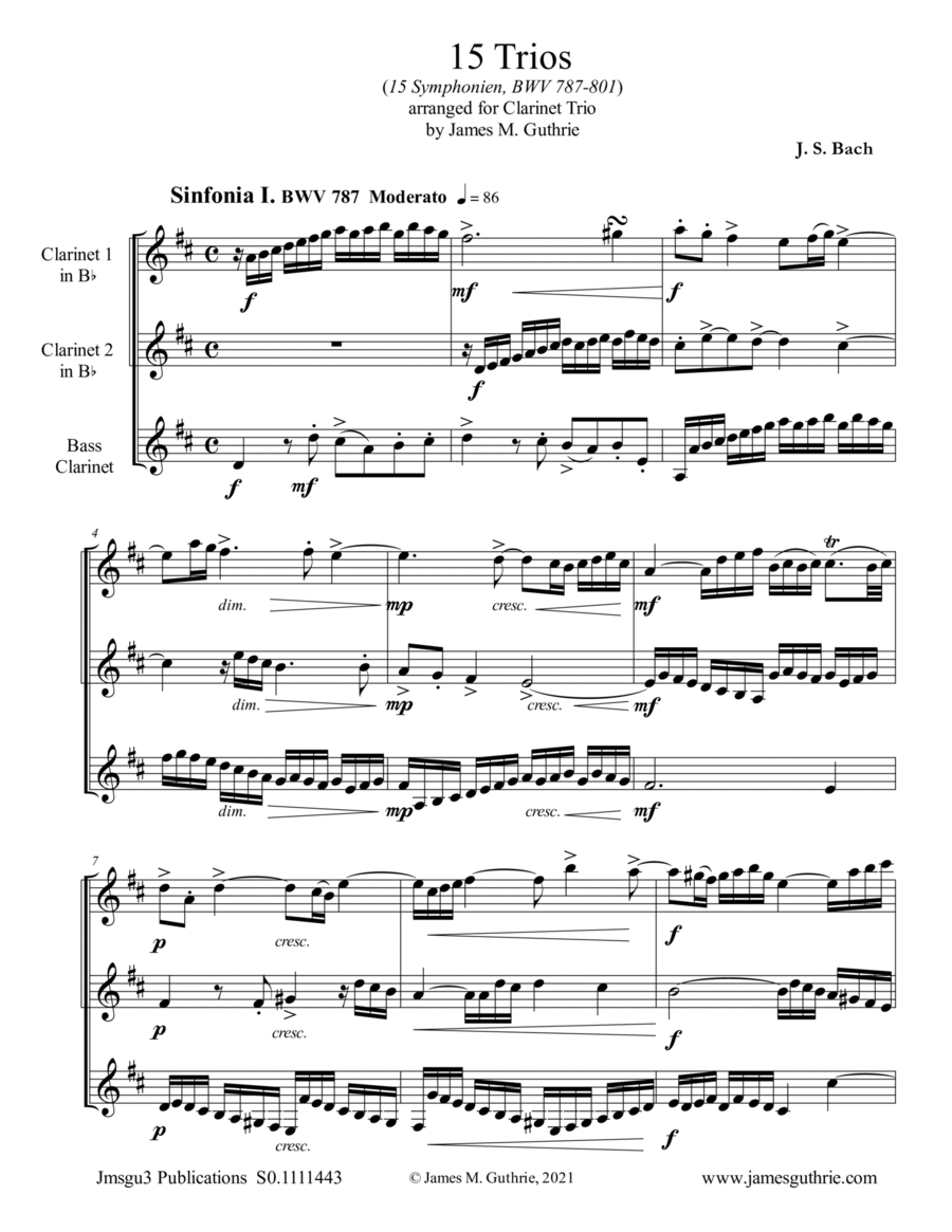 BACH: 15 Trios BWV 787-801 for Clarinet Trio Clarinet Trio scores gallery preview page 1