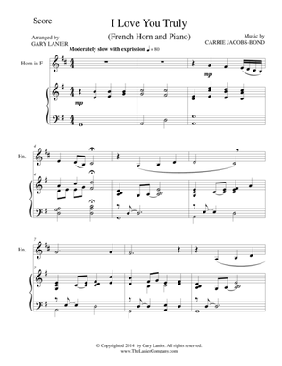 Book cover for I LOVE YOU TRULY (Duet for French Horn/Piano with Score and Horn Part)