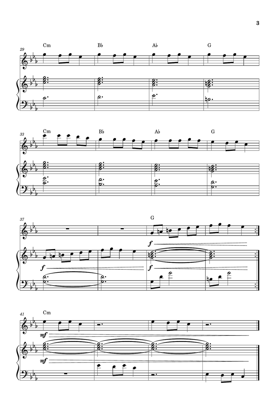 Carol of the Bells for Flute and Piano (Very Easy - Beginner) in C minor - With Chords Flute scores gallery preview page 3