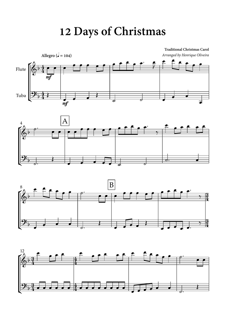12 days of Christmas (Flute and Tuba) - Christmas Carol Flute scores gallery preview page 1