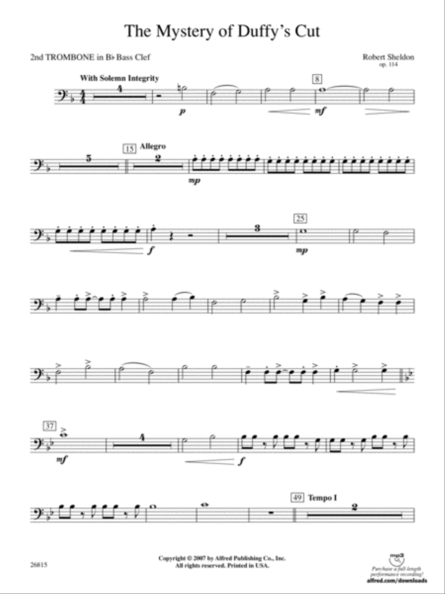 The Mystery of Duffy's Cut: (World Part) 2nd B-flat Trombone B.C. Concert Band scores gallery preview page 1