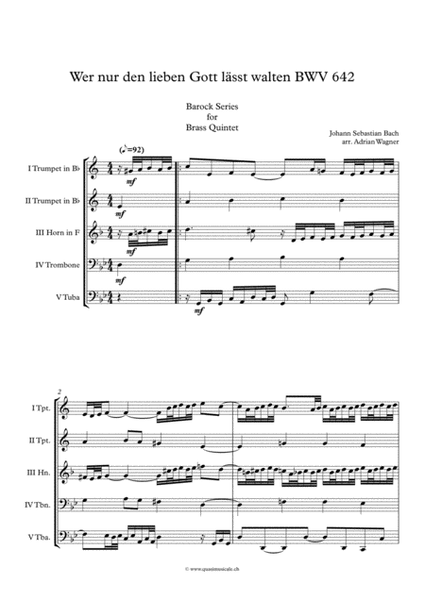 "Wer nur den lieben Gott lässt walten BWV 642" (J.S.Bach) Brass Quintet arr. Adrian Wagner image number null