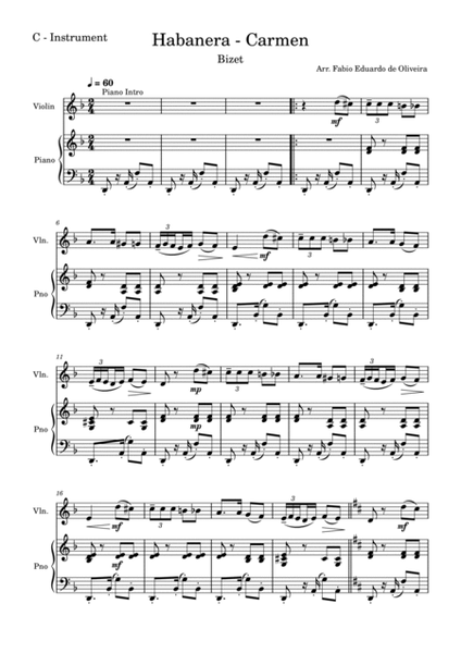 Habanera - Carmen (Bizet) + FREE Mp3 Playback + PDF Solo and Piano Sheet Music image number null