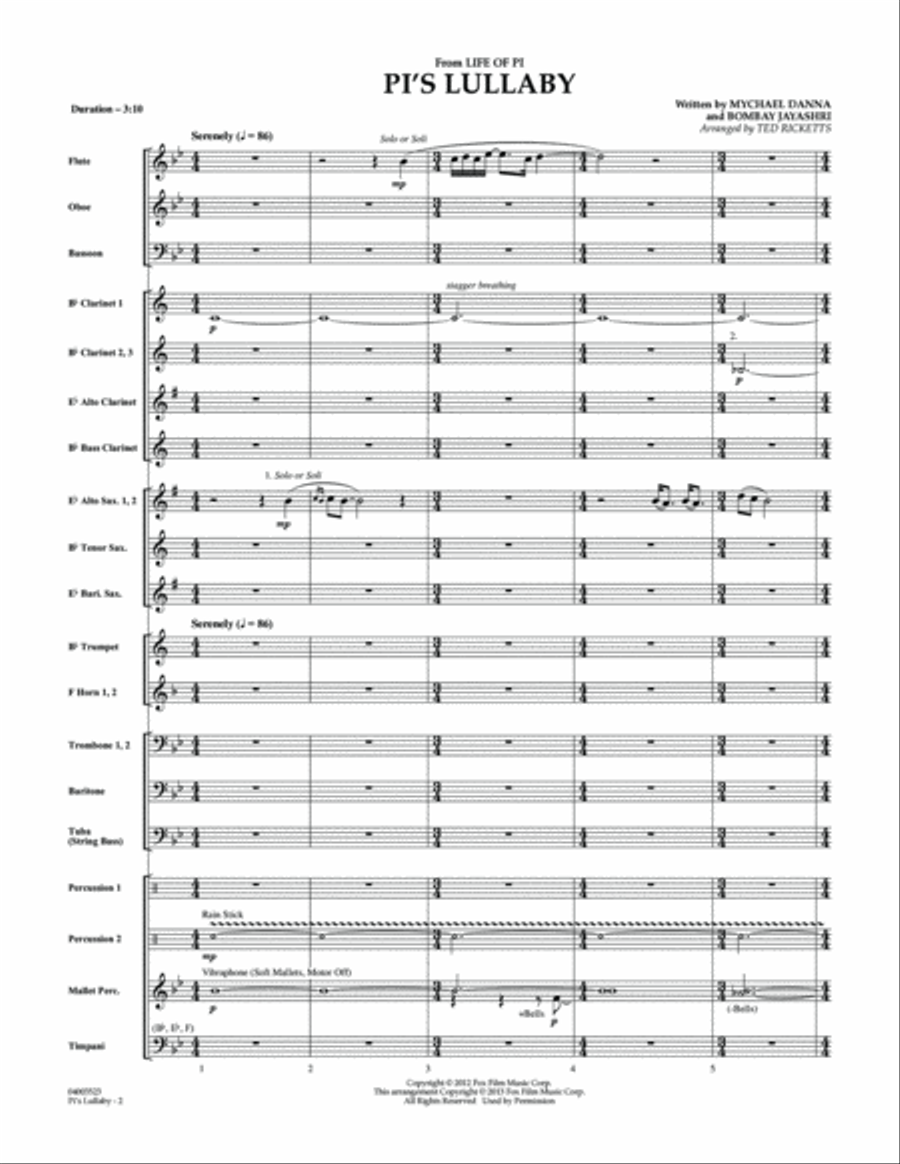 Pi's Lullaby (from Life of Pi) - Conductor Score (Full Score) Concert Band scores gallery preview page 2