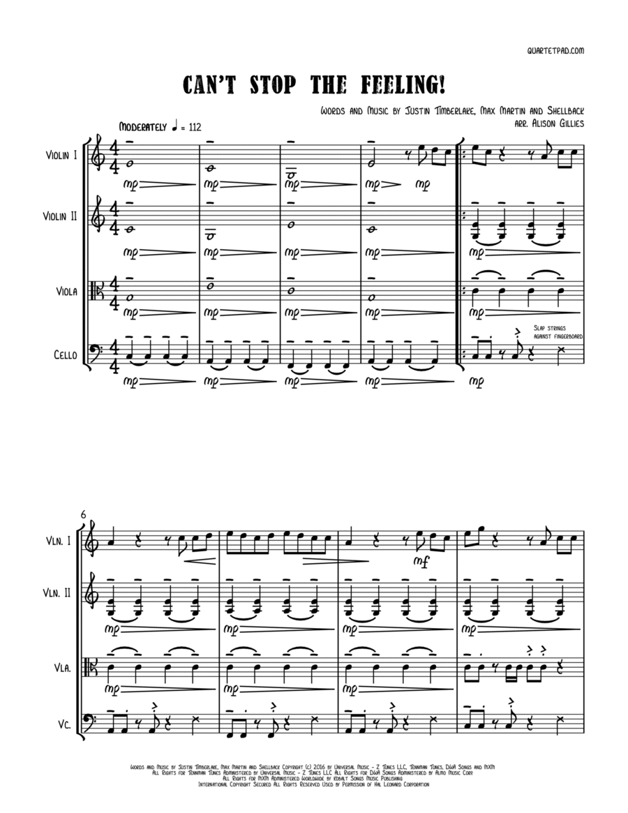 Can't Stop The Feeling from TROLLS String Quartet scores gallery preview page 1