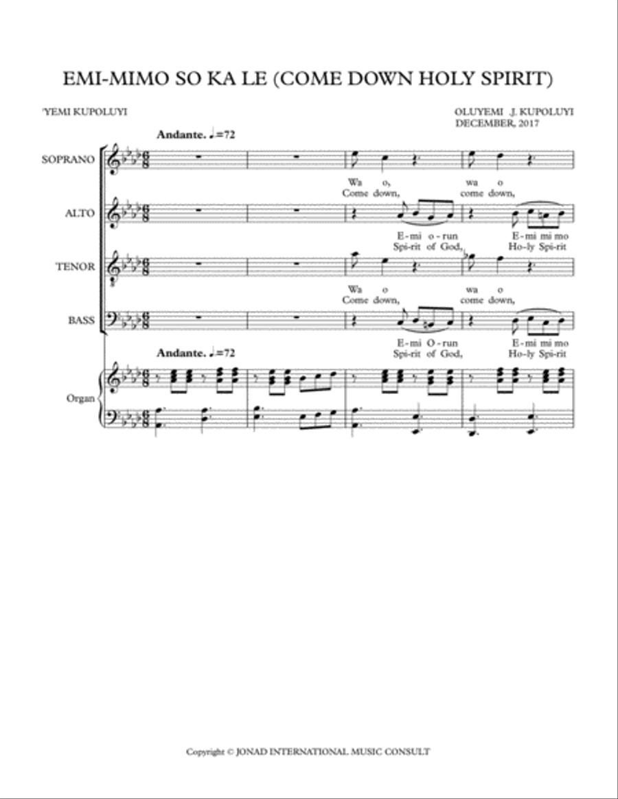HOLY SPIRIT COME DOWN /EMI MIMO SOKALE 4-Part scores gallery preview page 1