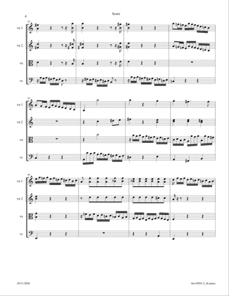 Bach: Concerto in A minor BWV 593-3 after Vivaldi, Mvt 3 arr. for StringQuatetrte String Quartet scores gallery preview page 4