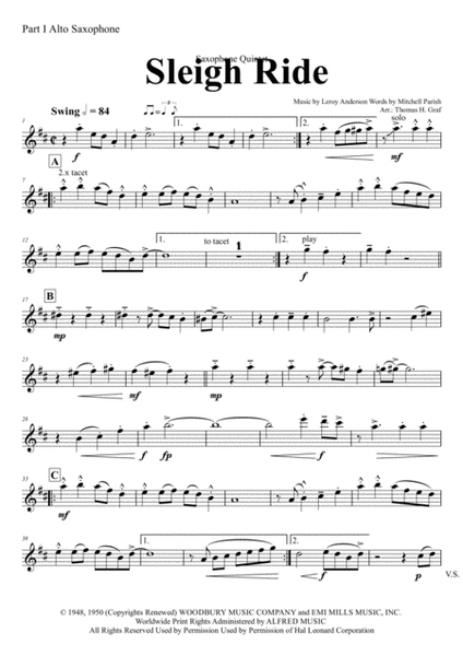 Sleigh Ride - Easy Swing - Saxophone Quintet