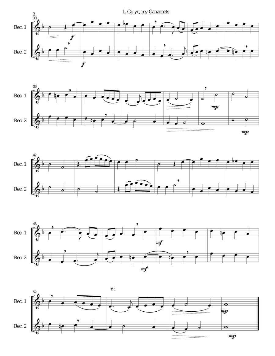 12 easy Canzonets for soprano and or tenor recorder duo Woodwind Duet scores gallery preview page 2