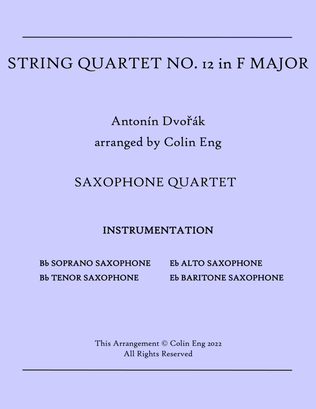 Book cover for String Quartet No. 12 in F Major, "American" for Saxophone Quartet