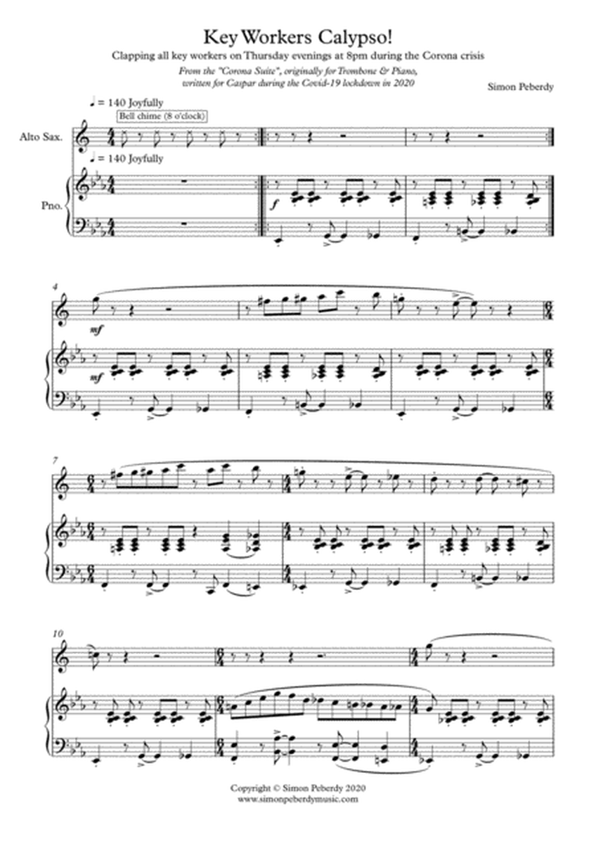 Key Workers Calypso for Alto Sax and Piano from the Corona Suite by Simon Peberdy