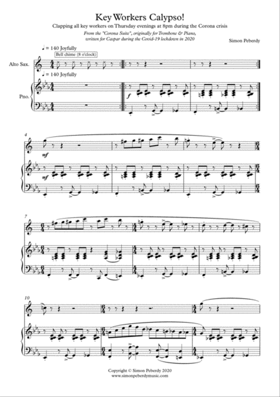 Key Workers Calypso for Alto Sax and Piano from the Corona Suite by Simon Peberdy