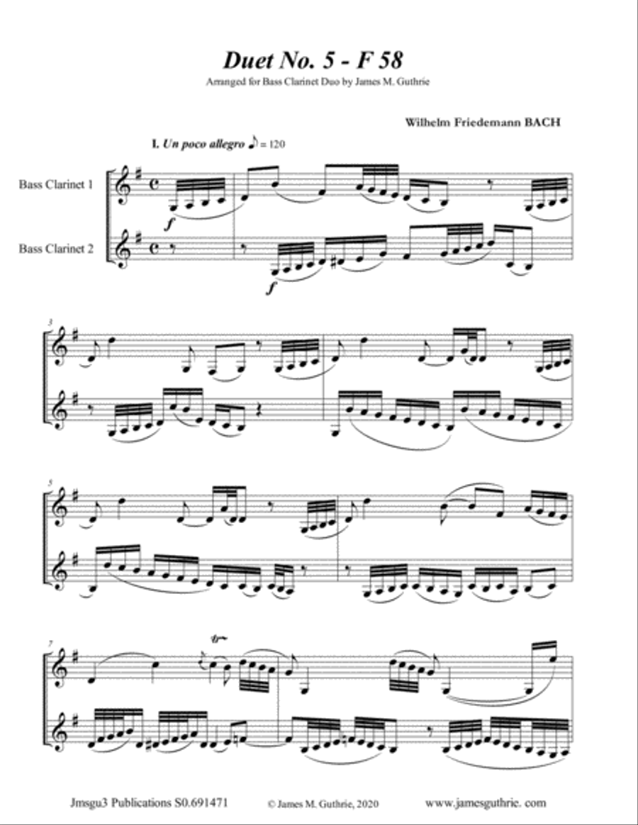 WF Bach: Duet No. 5 for Bass Clarinet Duo Clarinet Duet scores gallery preview page 1