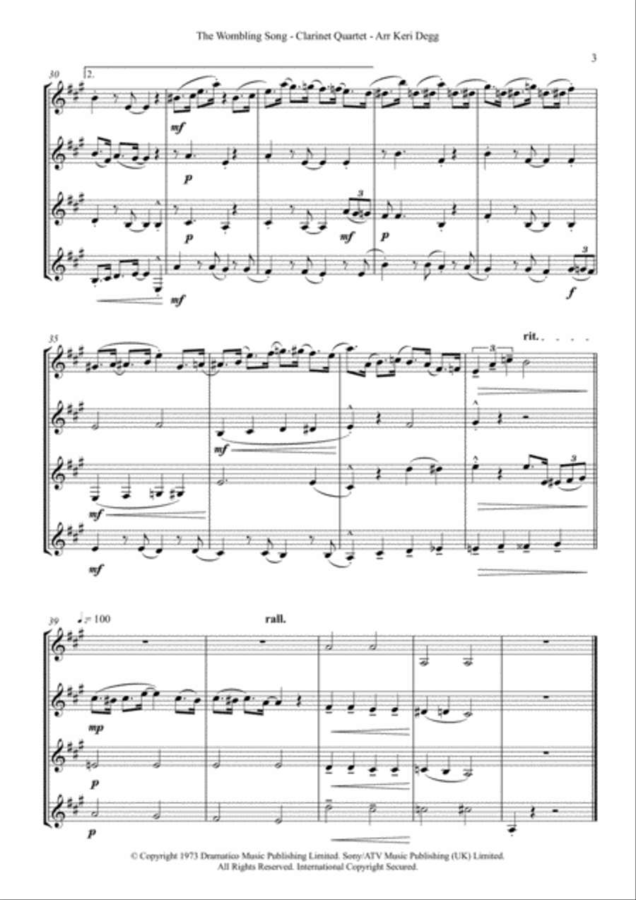 The Wombling Song Clarinet Quartet scores gallery preview page 3