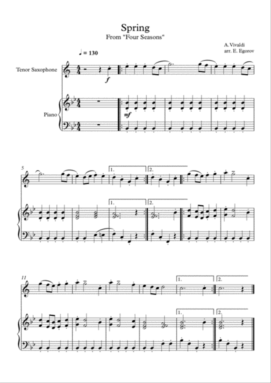 Spring (Four Seasons), Antonio Vivaldi, For Tenor Saxophone & Piano Tenor Saxophone scores gallery preview page 1