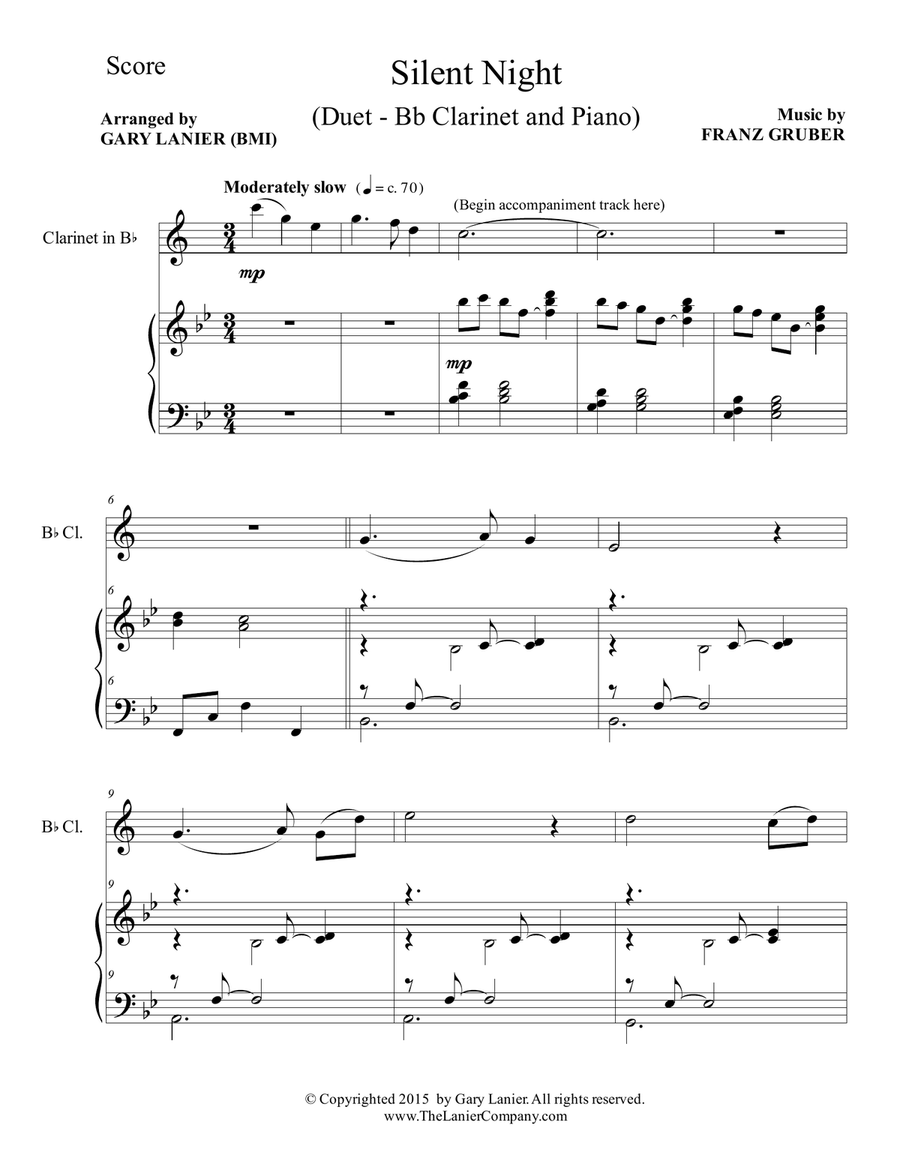 SILENT NIGHT (Duet – Bb Clarinet and Piano/Score and Parts) Woodwind Duet scores gallery preview page 2
