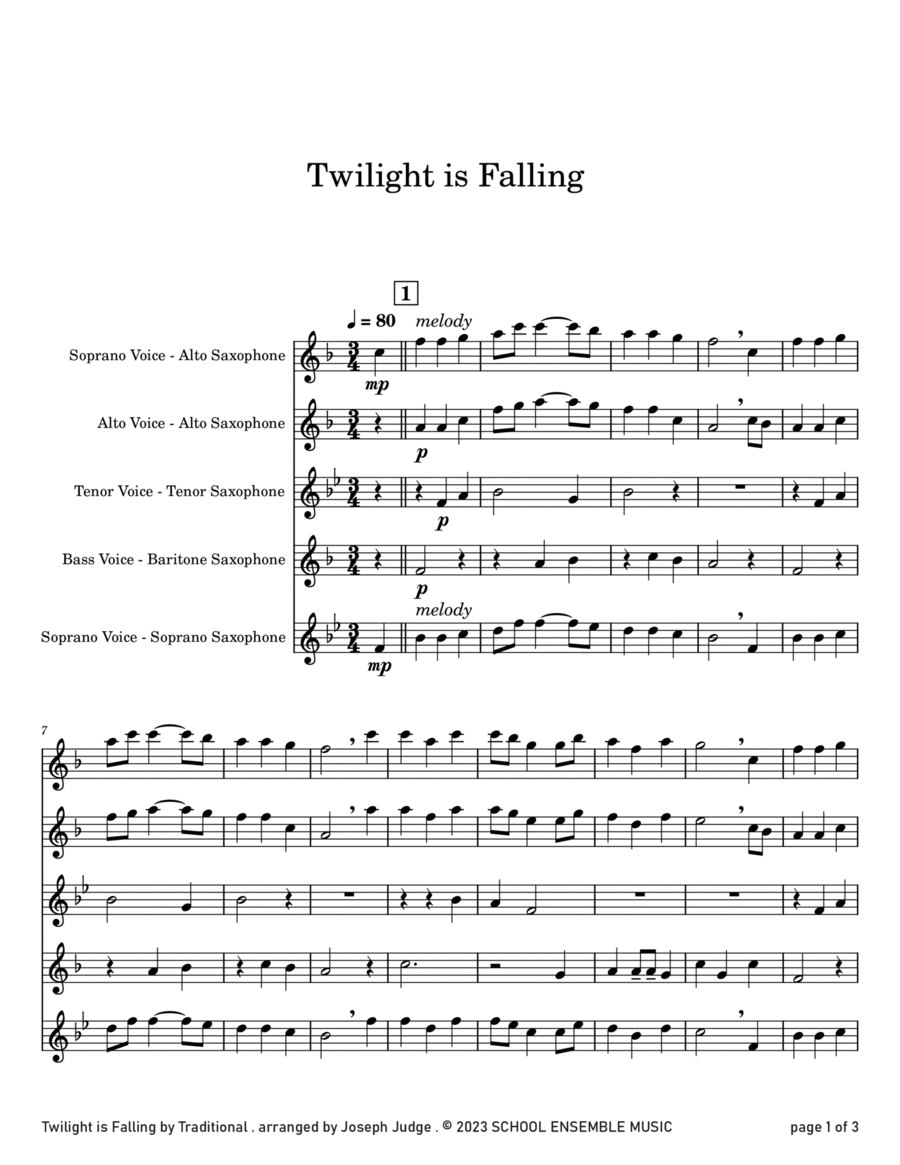 Twilight Is Falling for Saxophone Quartet in Schools Saxophone Quartet scores gallery preview page 1