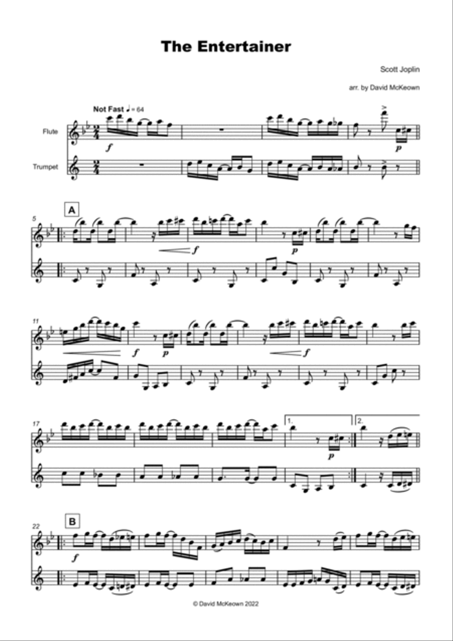 The Entertainer by Scott Joplin, Flute and Trumpet Duet Flute scores gallery preview page 2