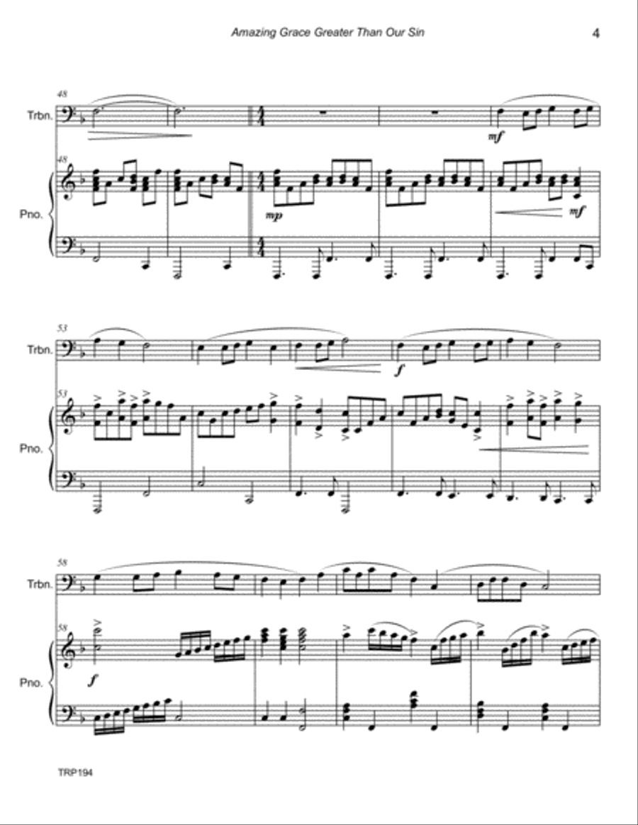 AMAZING GRACE GREATER THAN OUR SIN - TROMBONE SOLO with Piano Accompaniment Brass Duet scores gallery preview page 4