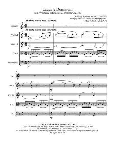 Laudate Dominum from "Vesperae solenne de confessore" K.399 for Solo Soprano and String Quartet image number null