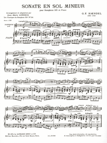 Sonata In G Minor, Arranged For Saxophone And Piano By Marcel Mule And Jea