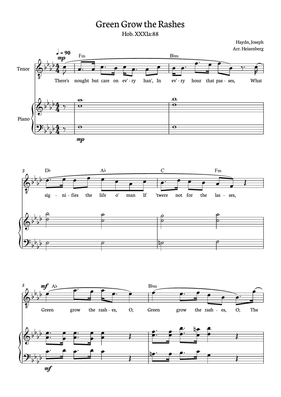 Joseph Haydn - Green Grow The Rashes for Tenor with Piano and chords in F minor. Piano, Vocal scores gallery preview page 1