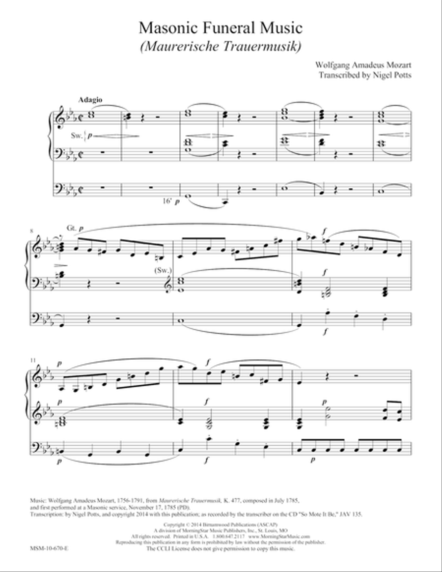 Masonic Funeral Music (Maurerische Trauermusik) Organ scores gallery preview page 1