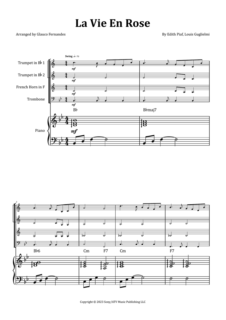 La Vie En Rose by Edith Piaf Brass Quartet - Digital Sheet Music