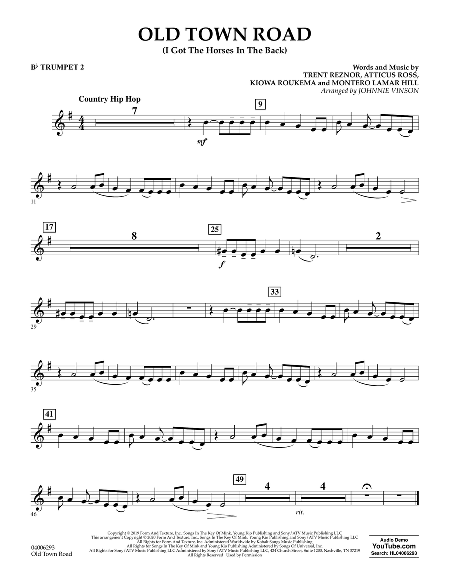Old Town Road (arr. Johnnie Vinson) - Bb Trumpet 2 Concert Band scores gallery preview page 1