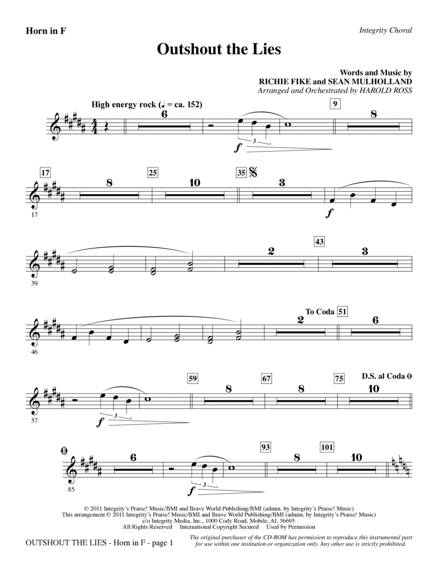 Outshout The Lies - F Horn Choir scores gallery preview page 1