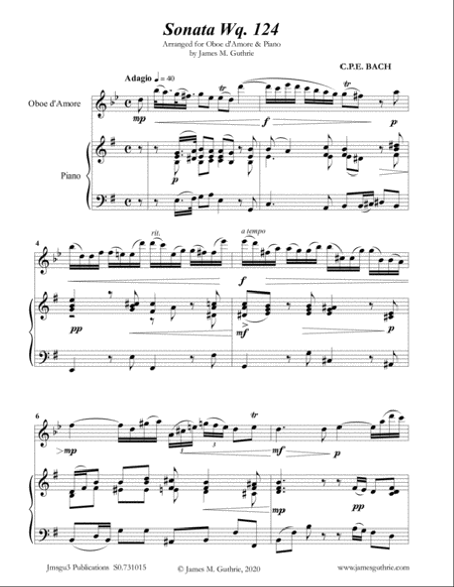 CPE BACH: Sonata in E Minor WQ 124 for Oboe d'Amore & Piano Oboe scores gallery preview page 1