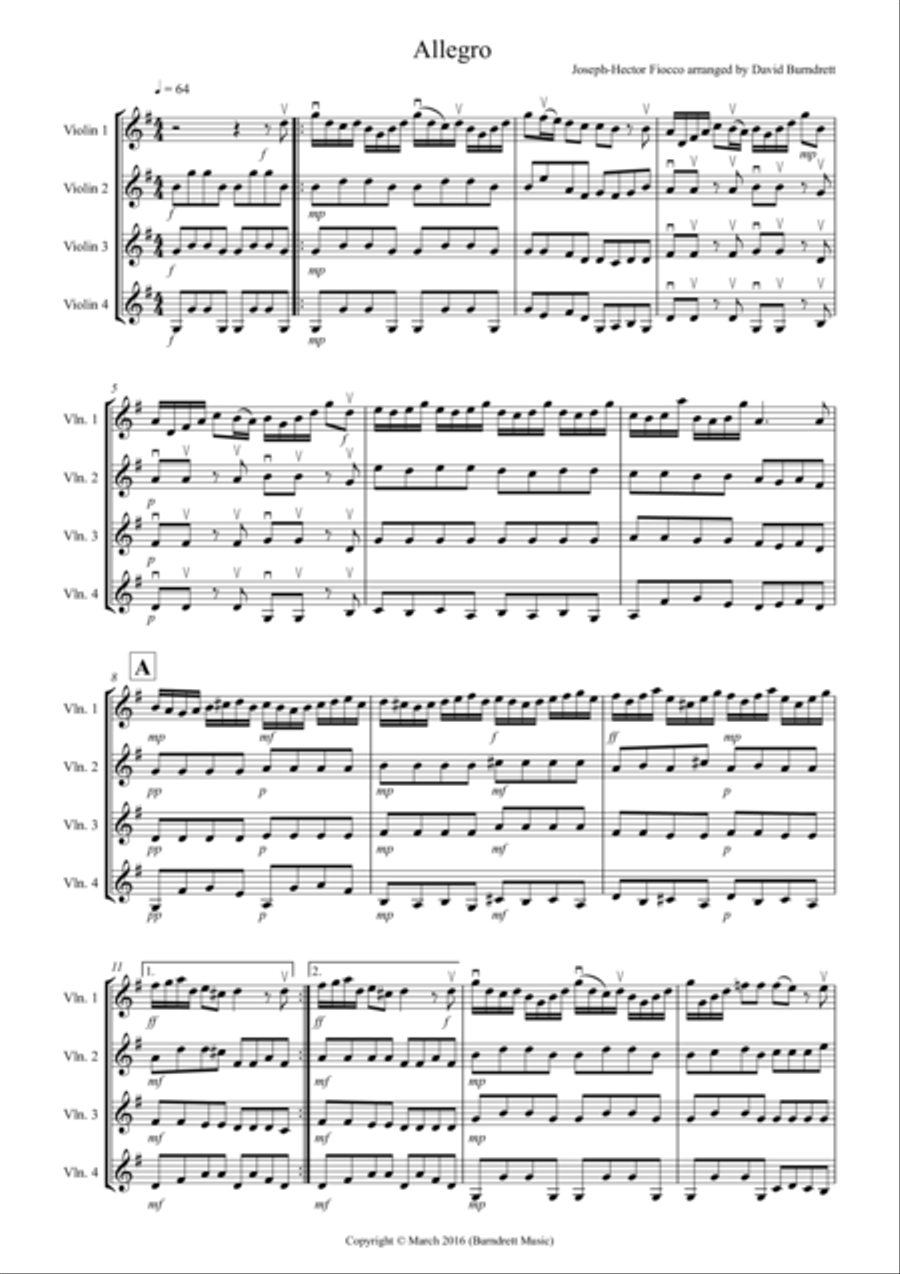 Allegro by Fiocco for Violin quartet Violin Solo scores gallery preview page 1