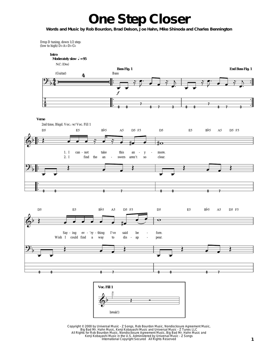 One Step Closer Bass Guitar Tablature scores gallery preview page 1