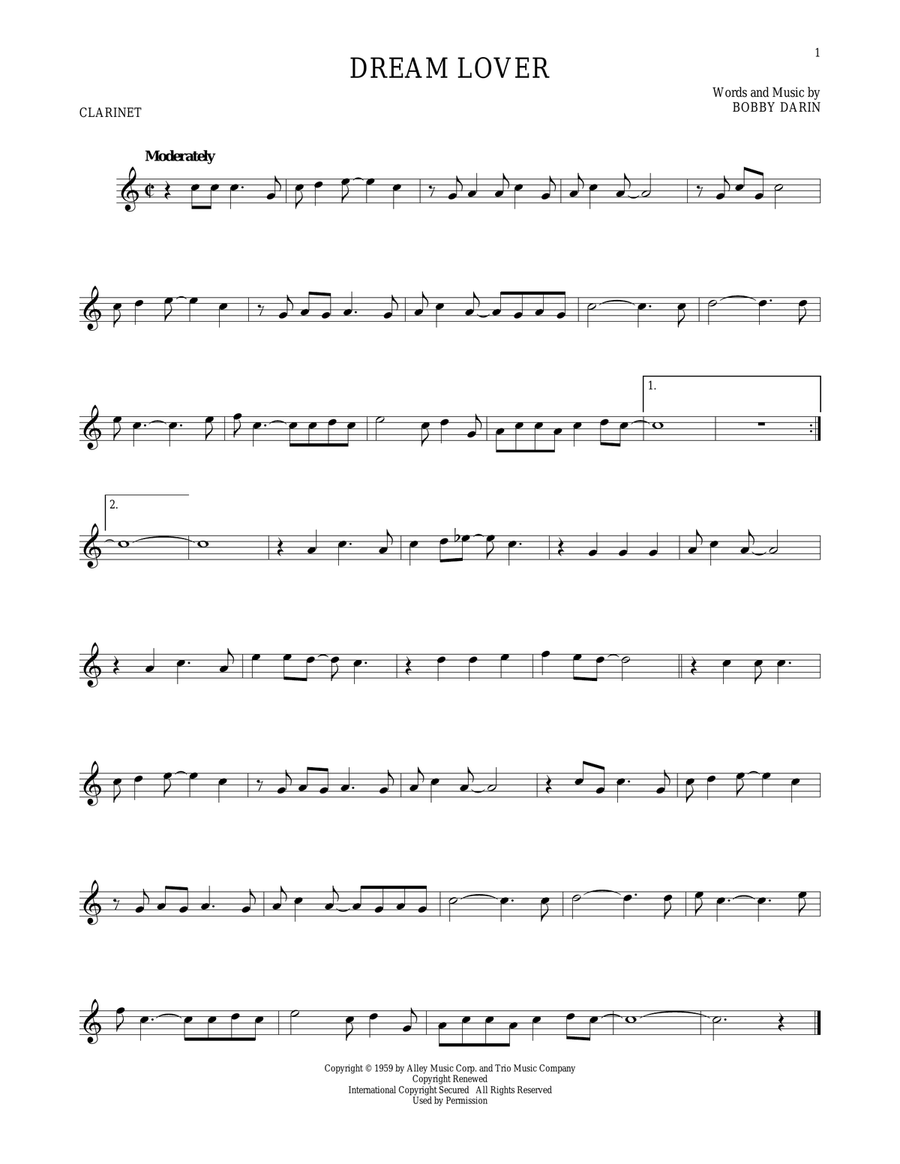 Dream Lover Dream Lover Clarinet Solo scores gallery preview page 1