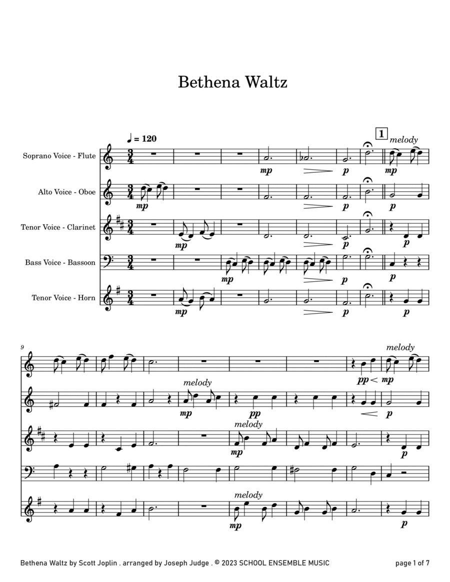 Bethena Waltz by Joplin for Woodwind Quartet in Schools Bethena Waltz by Joplin for Woodwind Quartet in Schools Woodwind Quartet scores gallery preview page 1