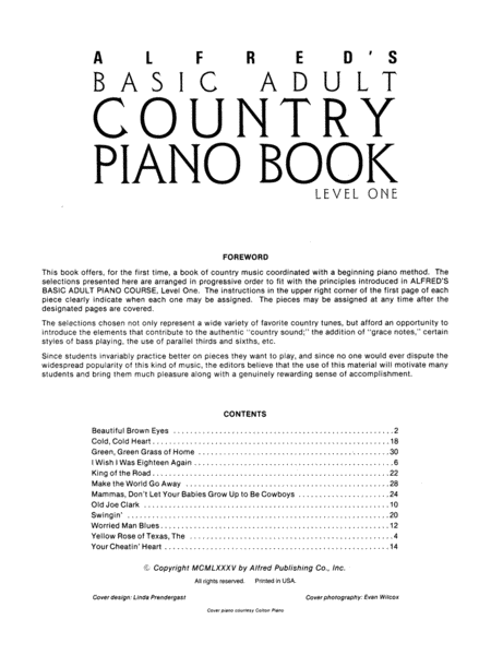 Alfred's Basic Adult Piano Course Country Songbook, Book 1