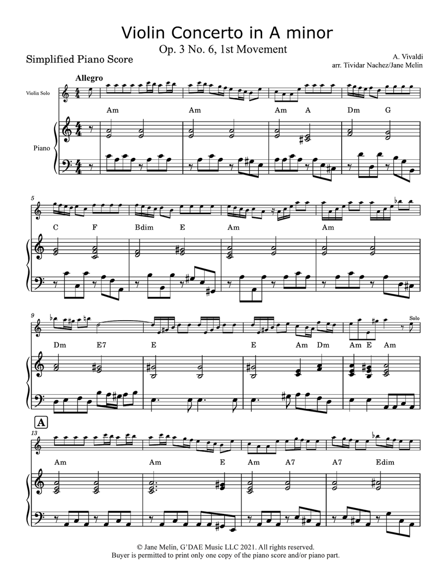 Vivaldi - Violin Concerto in Am Op. 3 No. 6 Mvt 1 - Simplified Piano Accompaniment Violin Solo scores gallery preview page 6