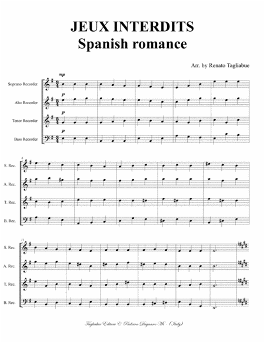 JEUX INTERDITS - Spanish romance - Arr. for Recorder quartet image number null